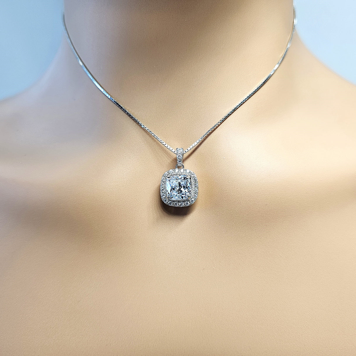 NANA Jewels Cushion Cut Halo CZ Simulated Diamond Solitaire Necklace Sterling Silver 8mm Zirconia Center Gemstone