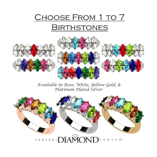 Central Diamond Center Marquise Cut Lucita Mothers Rings w/ 1 to 7 Simulated Birthstones in Sterling Silver, 10K or 14K Gold