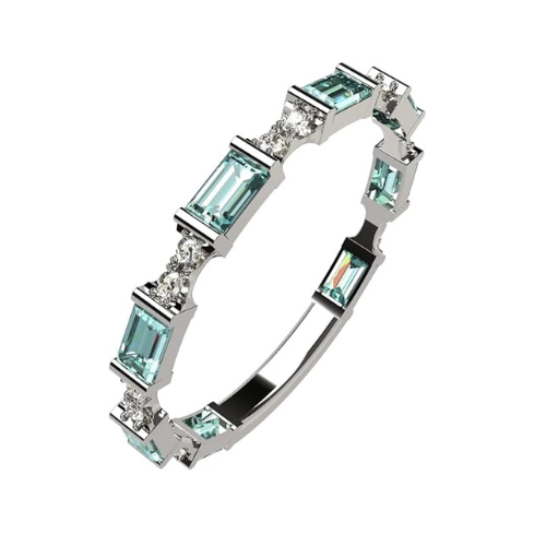 Central Diamond Center Baguette Stackable Birthstone Ring Band w/ Simulated Birthstones, Sterling Silver