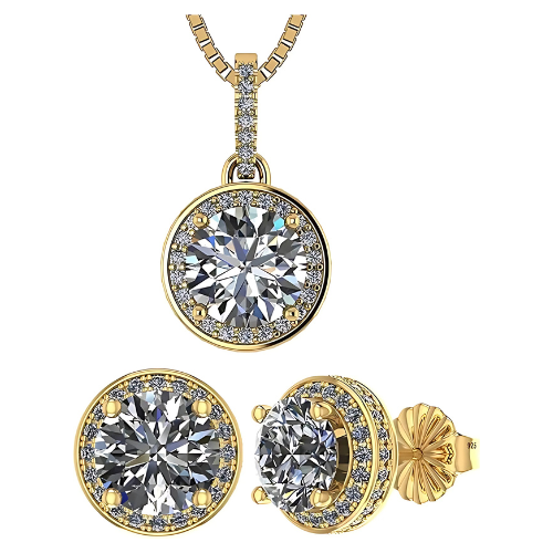 Close-up of sparkling halo necklace and earrings.