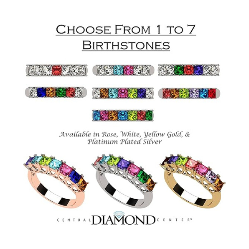Central Diamond Center Asscher Cut Lucita Mothers Rings w/ 1 to 7 Simulated Birthstones in Sterling Silver, 10K or 14K Gold