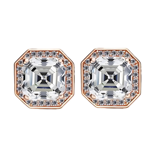 Model wearing sterling silver asscher cut stud earrings.