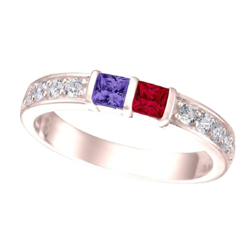 Central Diamond Center Princess w/ Side CZ Couples 2 Stone Ring w/ Simulated Birthstones in Silver 10K or 14K Gold