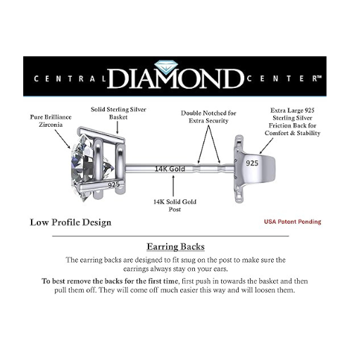 14K Gold Post & Sterling Silver Pure Brilliance Zirconia 3 Prong Martini Style Stud Earrings 1.0ct to 4ct