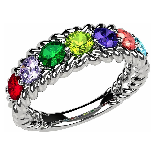 Central Diamond Center Rope Mothers Ring with 3 simulated birthstones.