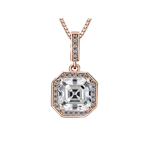 Elegant Asscher cut necklace on a white background.