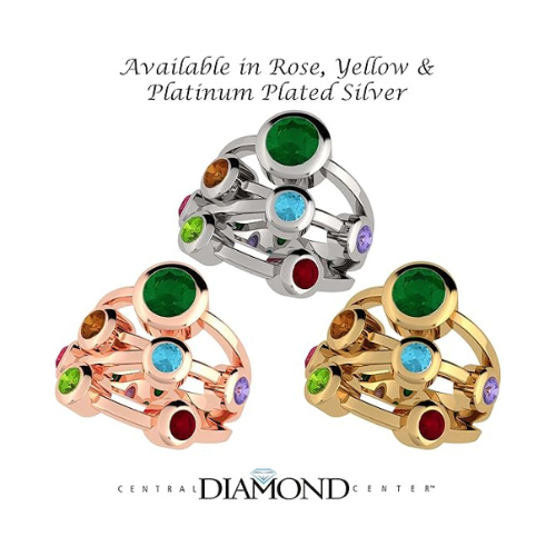 Central Diamond Center Bubble Mother's Ring with 1 to 7 Simulated Birthstones in Sterling Silver