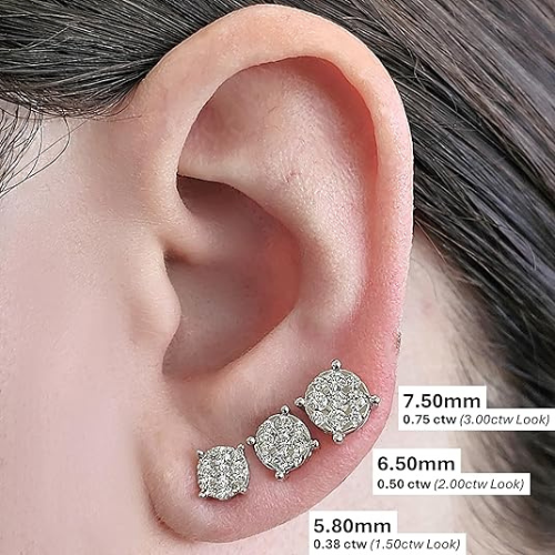 14K Solid Gold CVD Lab Grown Diamond Cluster Stud Earrings, (E-F - Vs) 9 Diamonds, 1.00 to 4.00 Carat Look