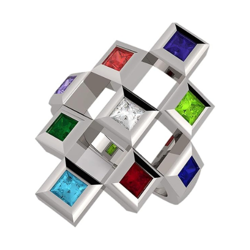 Central Diamond Center Sterling Silver Tic-Tac-Toe Mother's Ring w/ 1 to 9 Simulated Birthstones, Platinum Plated