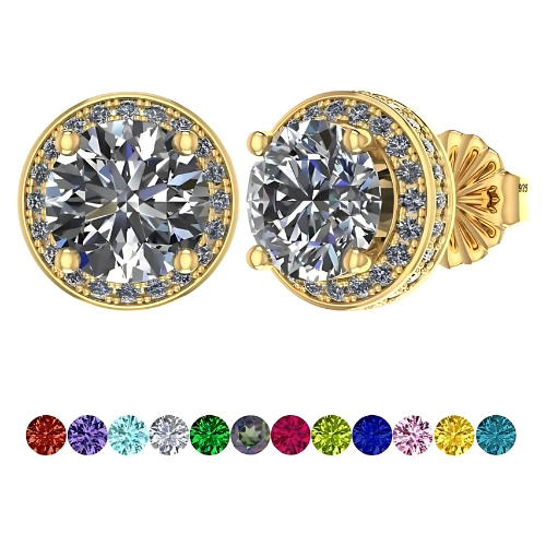 Simulated gemstone halo earrings on display.