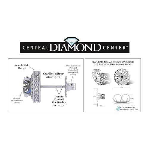 Central Diamond Center Halo Earring & Necklace Set, Solid Sterling Silver w/Pure Brilliance Zirconia - Hypoallergenic