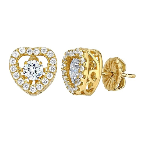 Central Diamond Center Heart Dancing Gemstone Earrings in Sterling Silver made w/ Pure Brilliance Zirconia