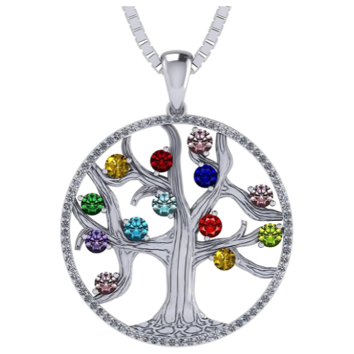 Mothers Tree of Life Birthstone Necklace w/ 1-13 Simulated Gemstones & CZ Bezel in Silver, 10K, 14K Gold