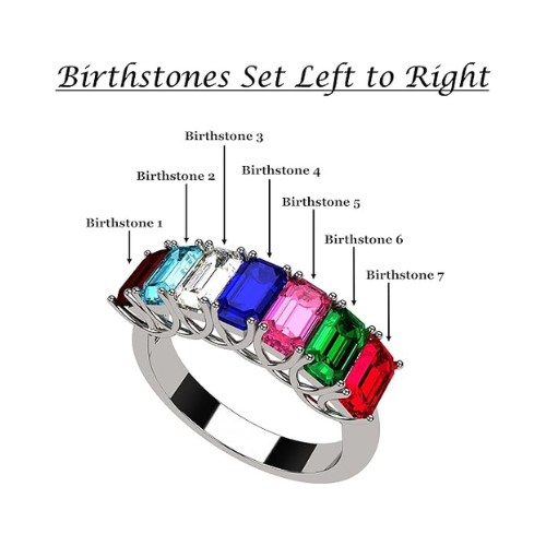Central Diamond Center Emerald Cut Mothers Rings w/ 1 to 7 Simulated Birthstones in Sterling Silver, 10K or 14K Gold