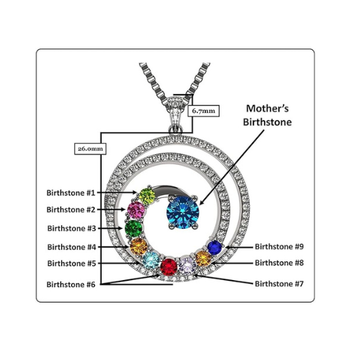 Central Diamond Center Swirl Birthstone Mothers Necklace w/ 1 to 9 Simulated Gemstones in Silver, 10K, or 14K Gold For Women
