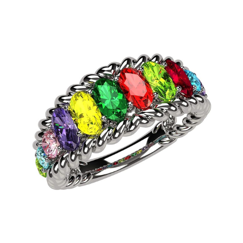 Central Diamond Center Oval Rope Mothers Birthstone Ring w/ 1 to 12 Simulated Gemstones in Sterling Silver, 10K, or 14K Gold For Women