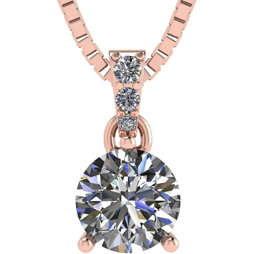 Close-up of a 3 prong round solitaire necklace.