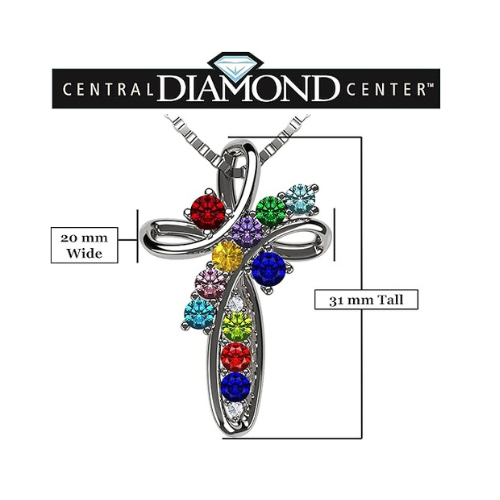 Central Diamond Center Family Cross Birthstone Mothers Necklace w/ 1 to 11 Simulated Birthstones in Solid 925 Sterling Silver