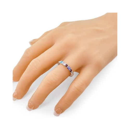 Central Diamond Center Princess w/Sides Mothers Rings with 1 to 6 Simulated Birthstones, Sterling Silver, 10K or 14K Gold