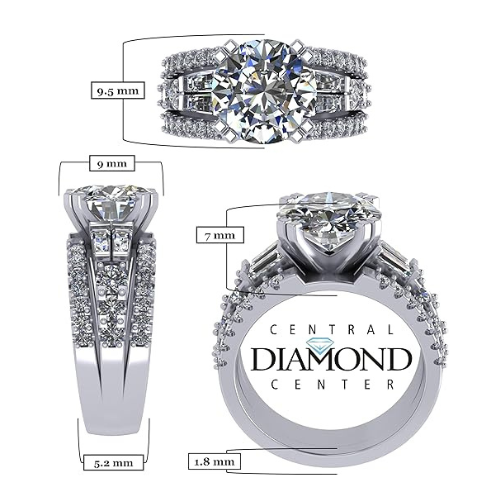 3.00 Carat Simulate Diamond Engagement Ring-Round & Baguette 5.00ct twt-Platinum Plated Sterling Silver