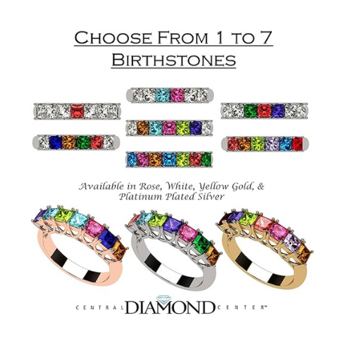 Central Diamond Center Princess Cut Lucita Mothers Rings w/ 1 to 7 Simulated Birthstones in Sterling Silver, 10K or 14K Gold