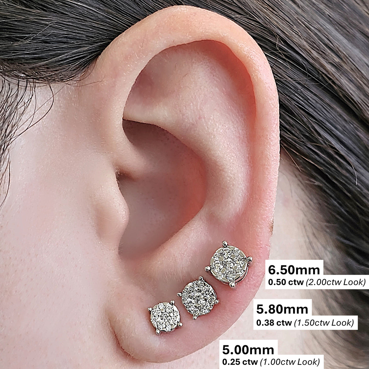 Diamond Stud Earrings CVD Lab Grown Diamonds solid 14K post & Silver basket, 7 or 9 Stone Cluster