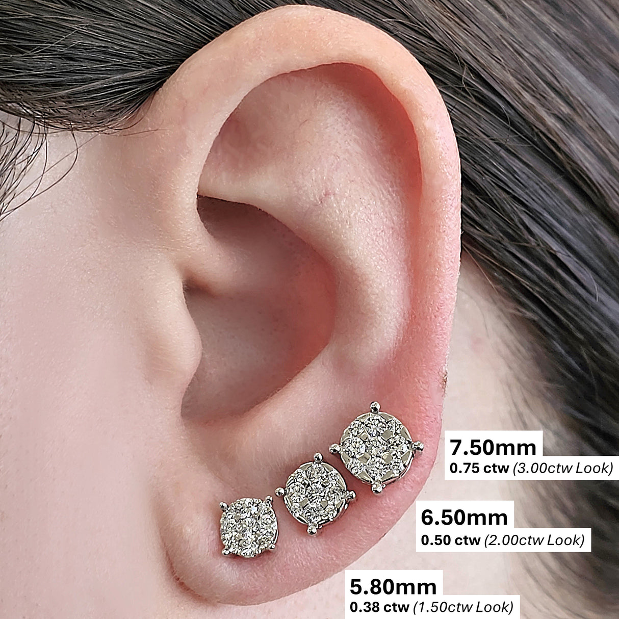 Diamond Stud Earrings CVD Lab Grown Diamonds solid 14K post & Silver basket, 7 or 9 Stone Cluster