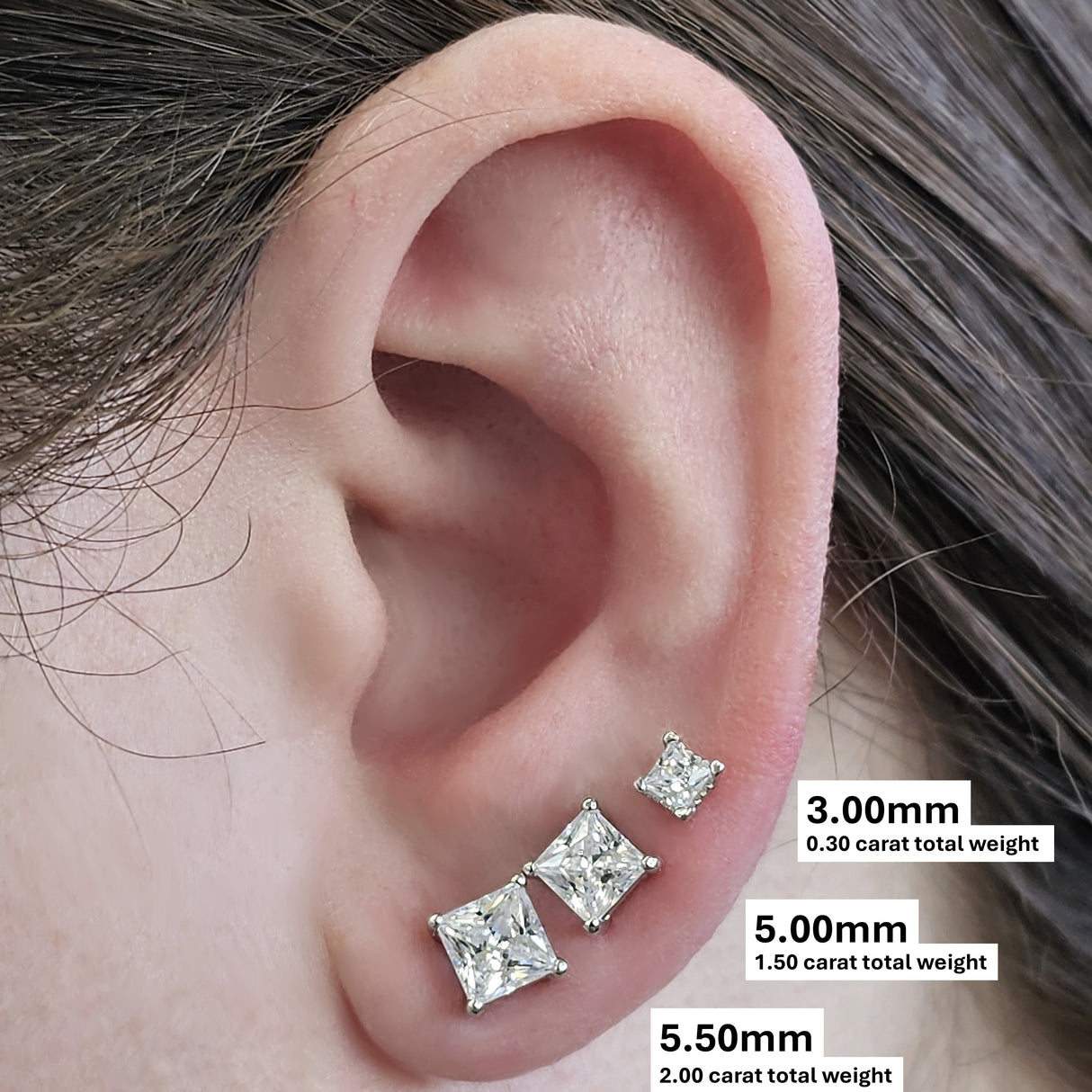 14K Gold Posts & Sterling Silver Princess Cut CZ Stud Earrings w/Pure Brilliance Zirconia, 1.50-4.00ctw