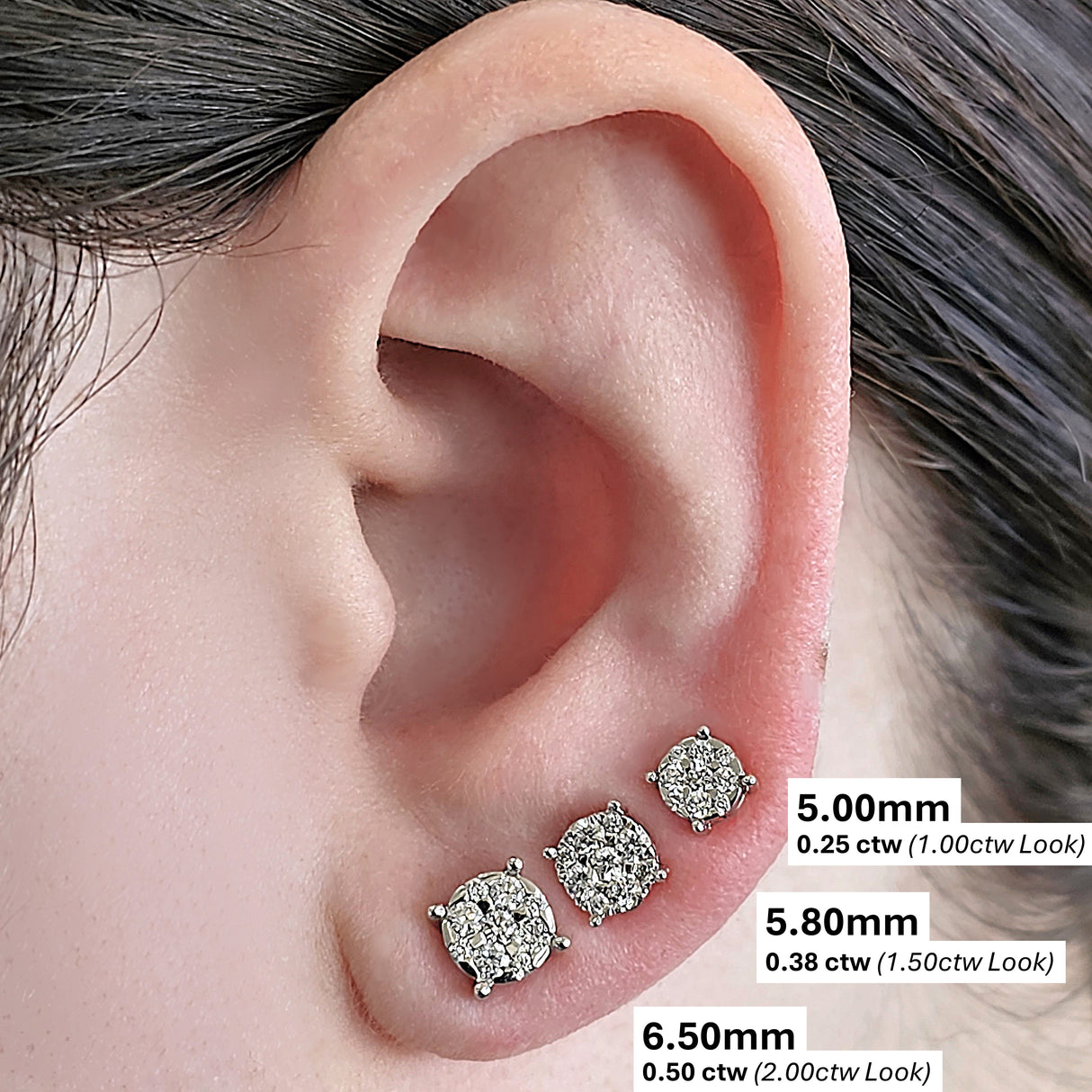 Diamond Stud Earrings CVD Lab Grown Diamonds solid 14K post & Silver basket, 7 or 9 Stone Cluster