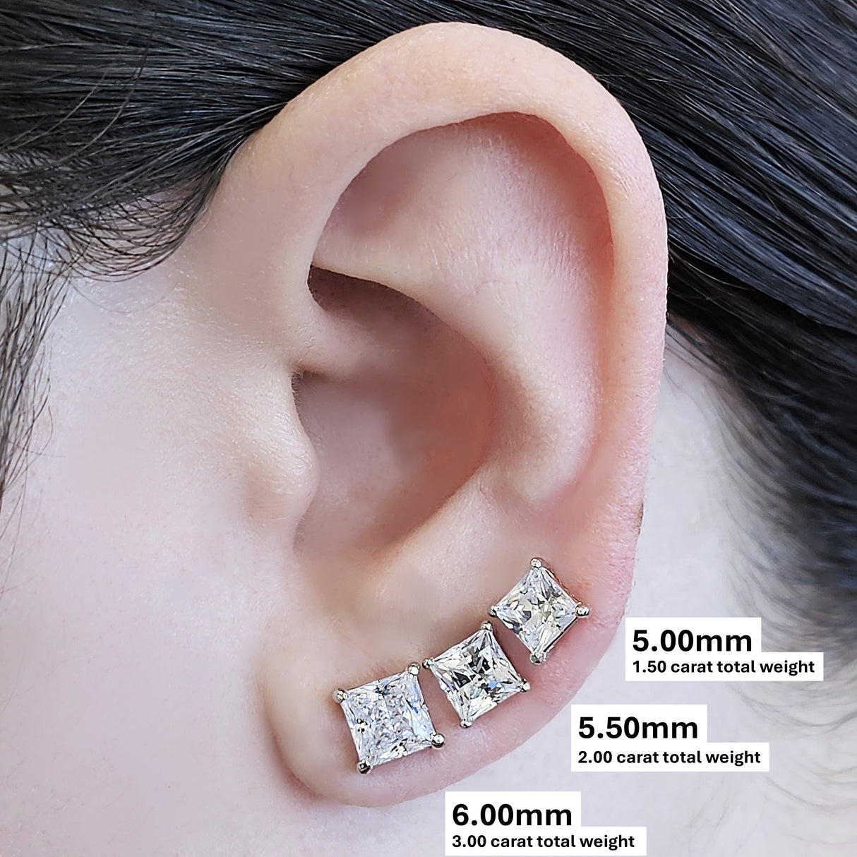14K Gold Posts & Sterling Silver Princess Cut CZ Stud Earrings w/Pure Brilliance Zirconia, 1.50-4.00ctw