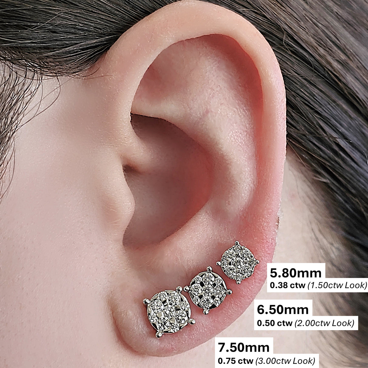 Diamond Stud Earrings CVD Lab Grown Diamonds solid 14K post & Silver basket, 7 or 9 Stone Cluster