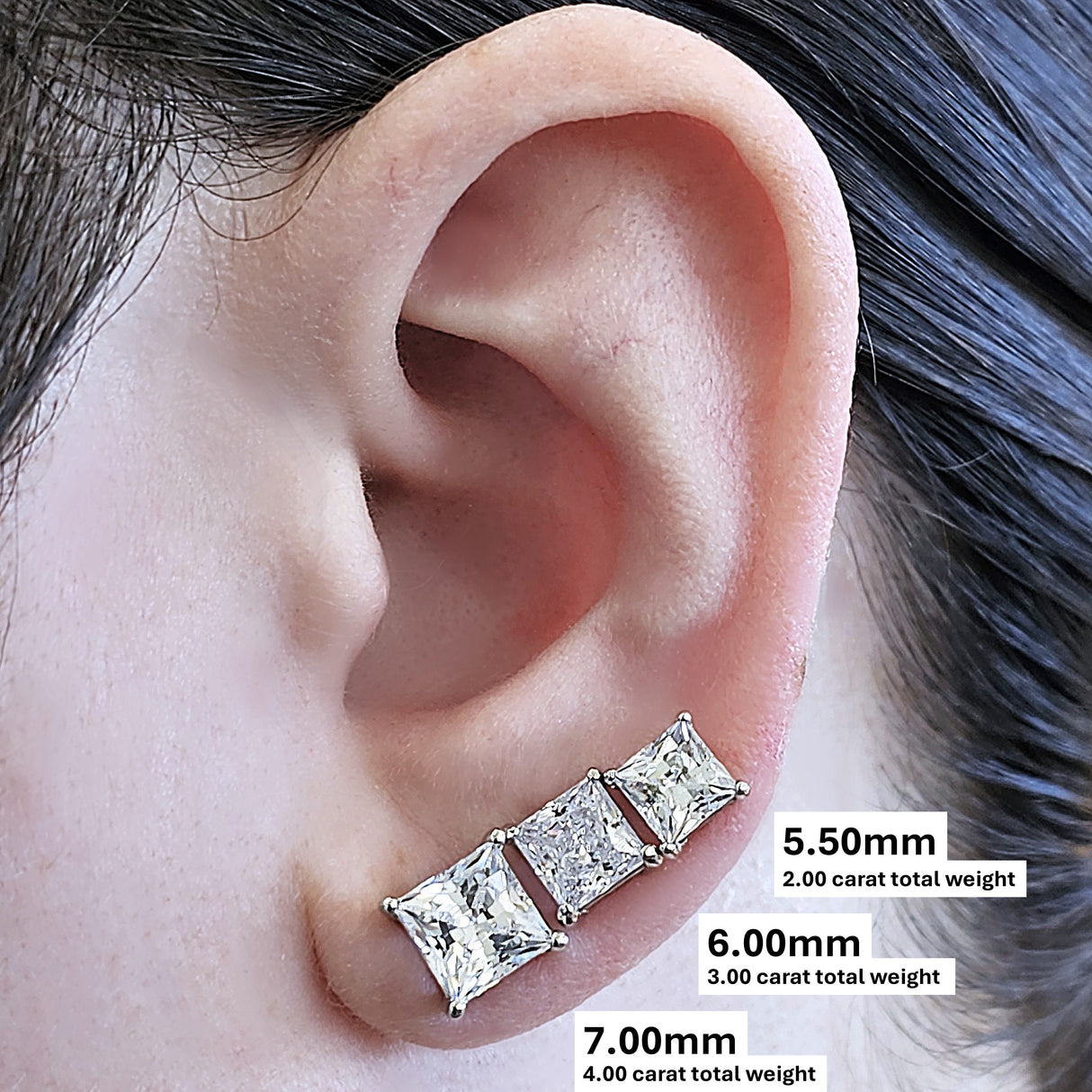 14K Gold Posts & Sterling Silver Princess Cut CZ Stud Earrings w/Pure Brilliance Zirconia, 1.50-4.00ctw