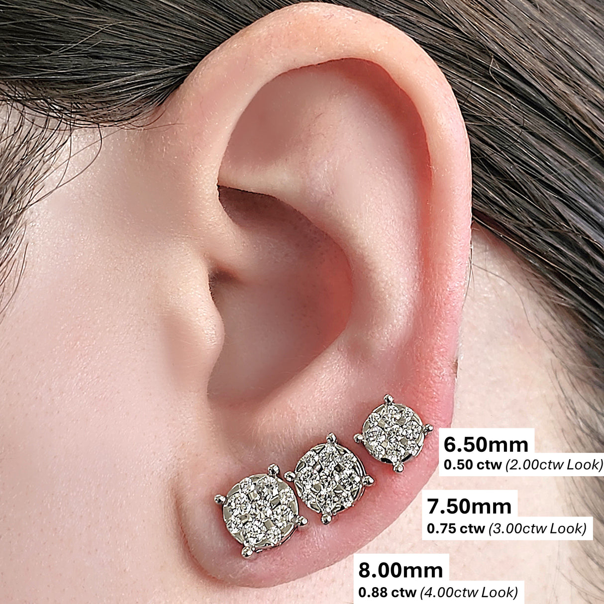 Diamond Stud Earrings CVD Lab Grown Diamonds solid 14K post & Silver basket, 7 or 9 Stone Cluster