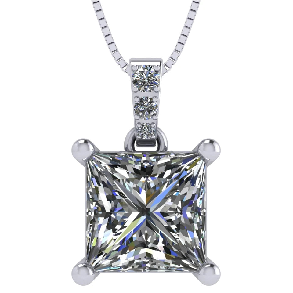 Princess Cut Solitaire Necklace, 4 Prong Sterling Silver w/Pure Brilliance Zirconia, 6.0mm, 7.0mm & 8.0mm