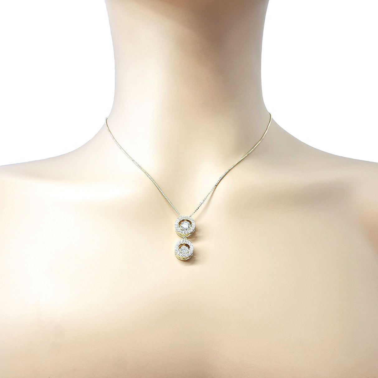 Central Diamond Center Round Double Halo Dancing Gemstone Necklace for Women in 925 Silver & Pure Brilliance Zirconia
