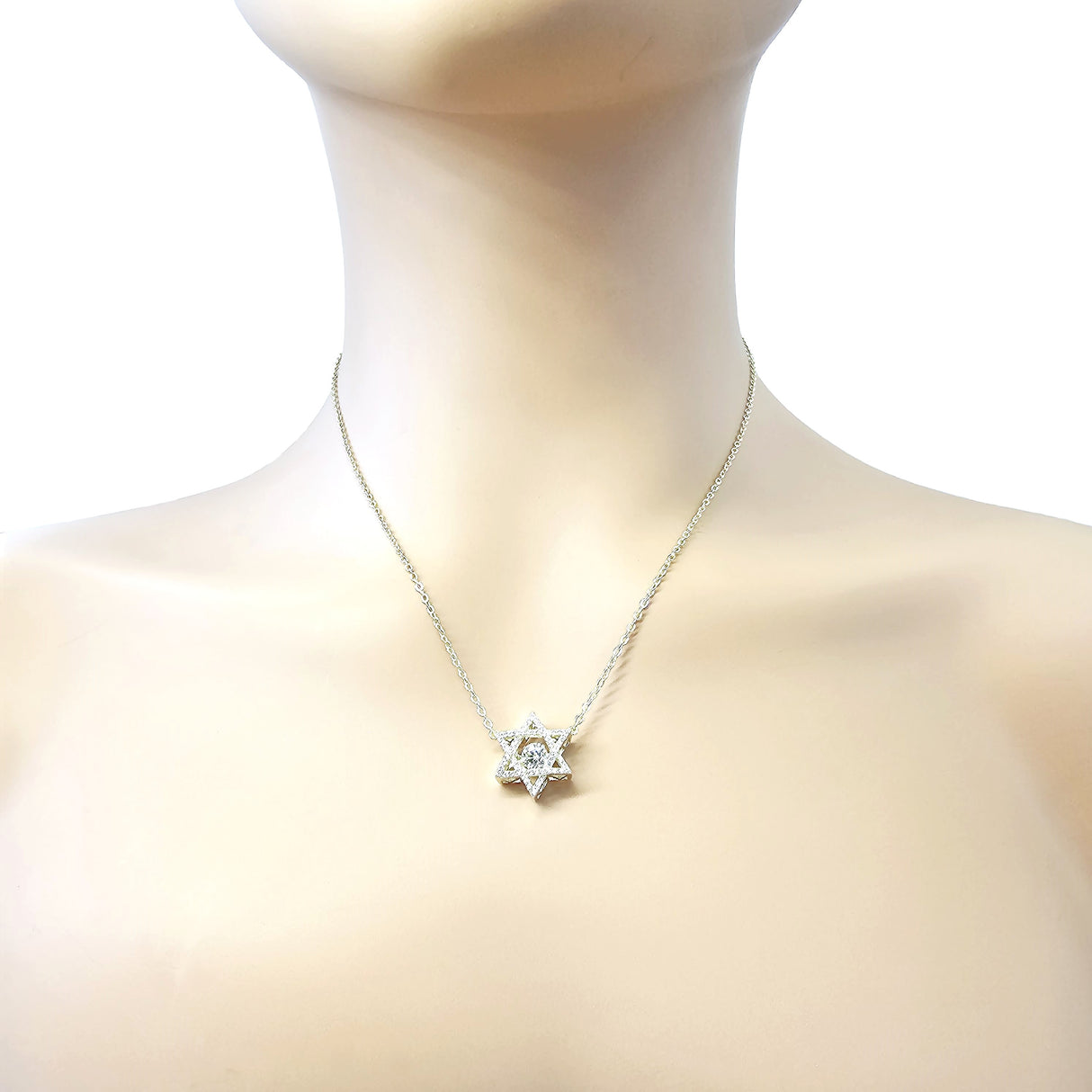 Central Diamond Center Star of David Dancing Gemstone Necklace for Women, Sterling Silver w/Pure Brilliance CZ, Chain Attached