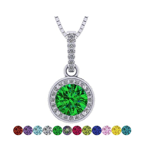 Central Diamond Center Customized & Personalized Birthstone Solitaire Necklace with simulated diamond Halo-925 Sterling Silver