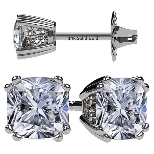 Cushion cut simulated diamond stud earrings.