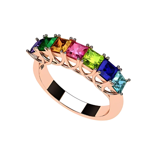 Central Diamond Center Princess Cut Lucita Mothers Rings w/ 1 to 7 Simulated Birthstones in Sterling Silver, 10K or 14K Gold