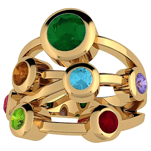 Close-up of mother's ring with unique bubble setting.