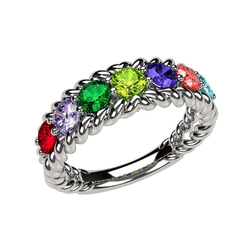 Central Diamond Center Rope Mothers Birthstone Ring with 1 to 10 Simulated Birthstones, Sterling Silver, 10K or 14K Gold