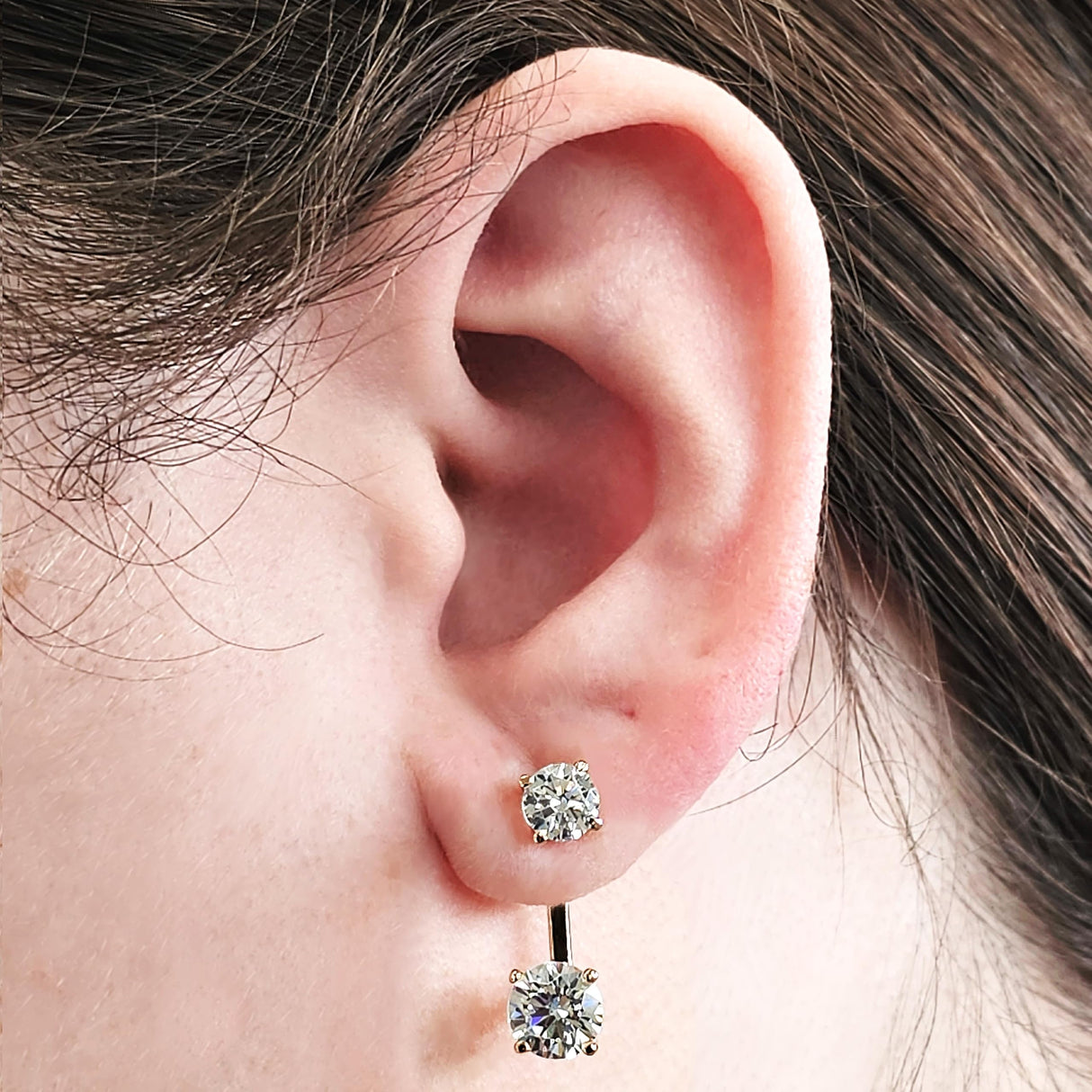 Central Diamond Center Earring Jackets with Cubic Zirconia – Sterling Silver, Adjustable Drop Design – 1.50 CTW (5.25mm & 6.50mm Stones)