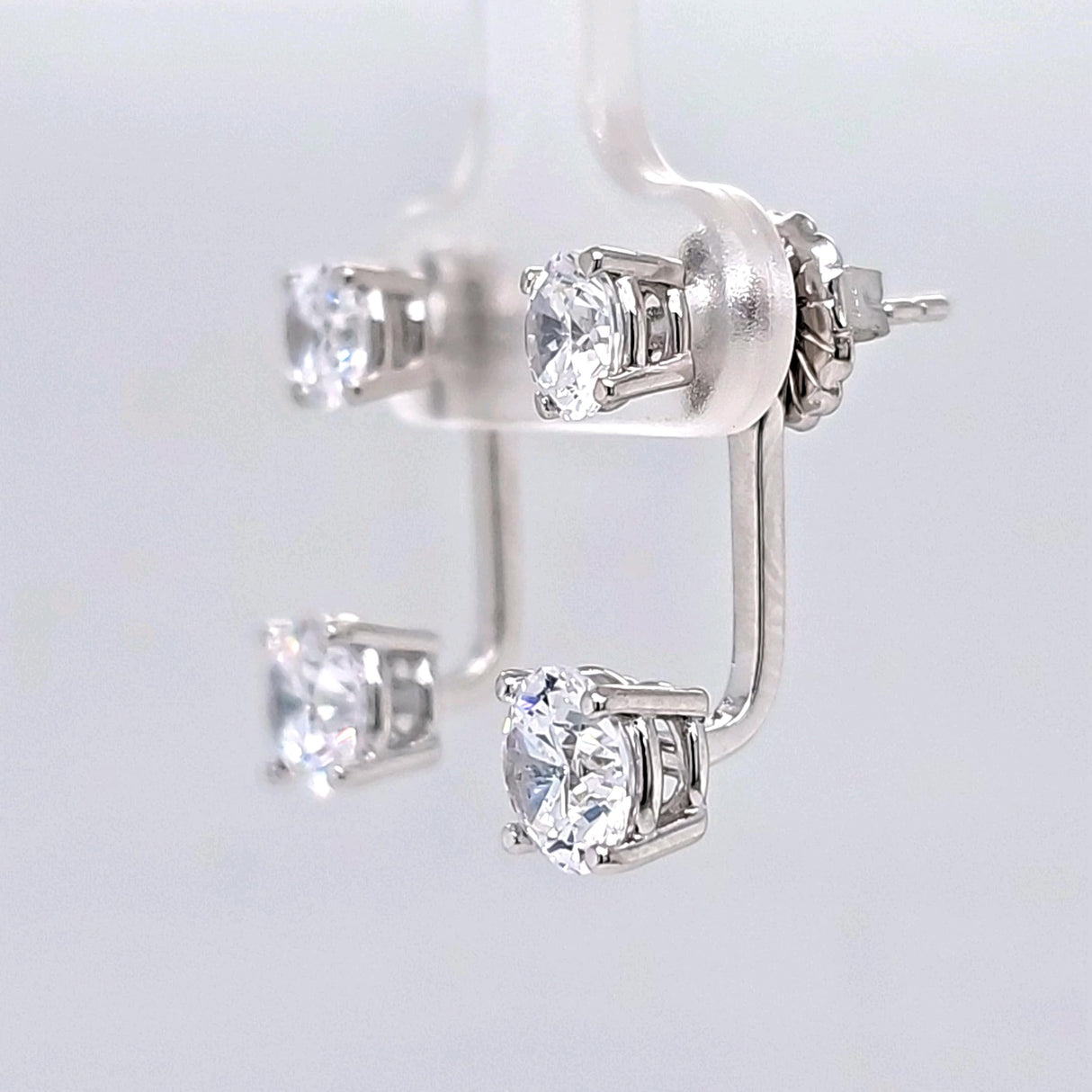 Central Diamond Center Earring Jackets with Cubic Zirconia – Sterling Silver, Adjustable Drop Design – 1.50 CTW (5.25mm & 6.50mm Stones)