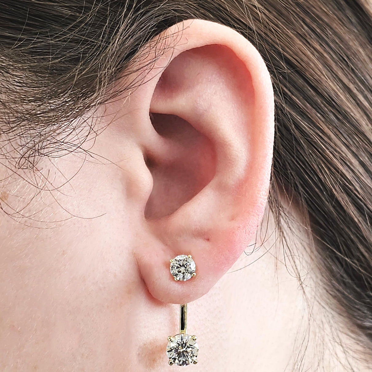 Central Diamond Center Earring Jackets with Cubic Zirconia – Sterling Silver, Adjustable Drop Design – 1.50 CTW (5.25mm & 6.50mm Stones)