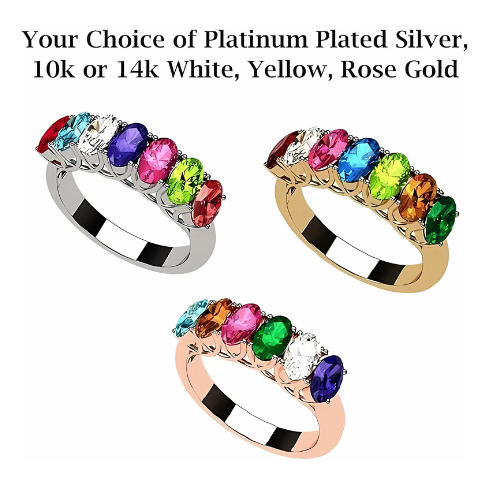 Central Diamond Center Oval Cut Lucita Mothers Rings w/ 1 to 7 Simulated Birthstones in Sterling Silver, 10K or 14K Gold