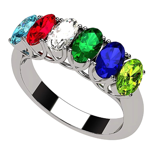 Central Diamond Center Oval Cut Lucita Mothers Rings w/ 1 to 7 Simulated Birthstones in Sterling Silver, 10K or 14K Gold