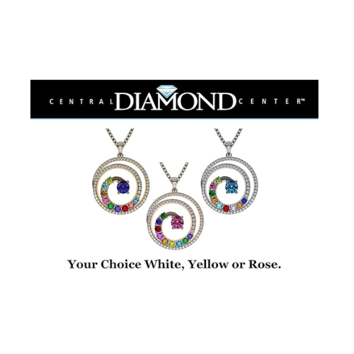 Central Diamond Center Swirl Birthstone Mothers Necklace w/ 1 to 9 Simulated Gemstones in Silver, 10K, or 14K Gold For Women