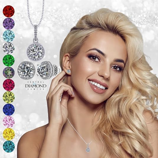 Central Diamond Center Round Halo Earring & Necklace Set w/ 6.5mm Simulated Birthstones in 925 Sterling Silver, Hypoallergenic