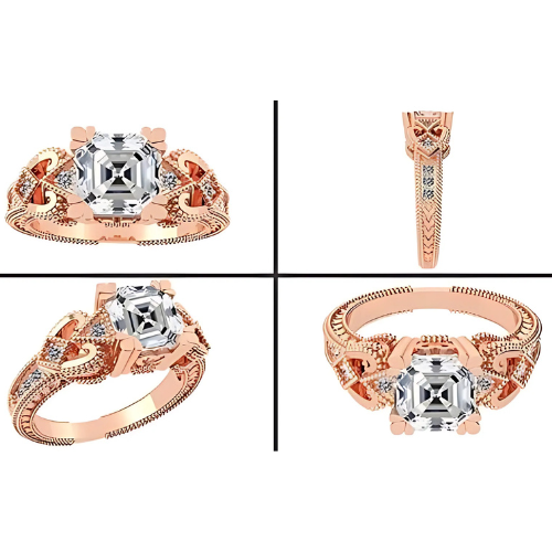 Close-up of a 14K gold Asscher cut CZ ring.