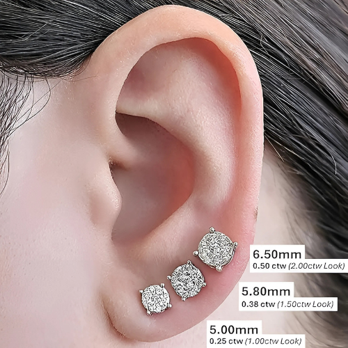 Close-up of a 7 stone CVD lab diamond stud earring.
